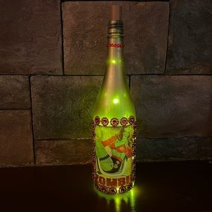 Handmade Upcycled Lighted Zombie girl pinup bottle bar decor